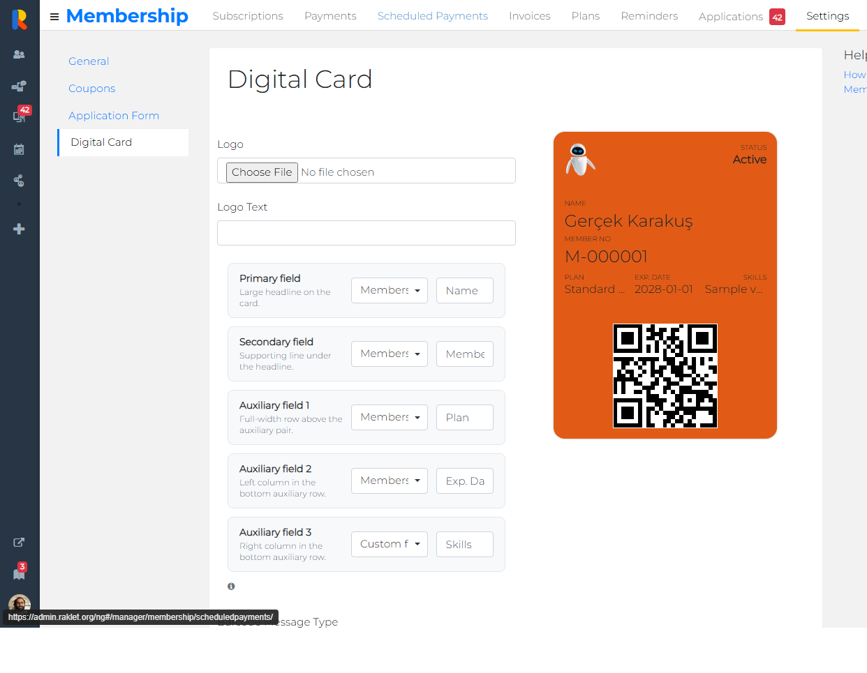Admin Digital Card settings page with field selectors and live preview