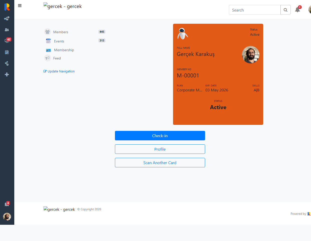 Member digital card in check-in mode with Check-in button