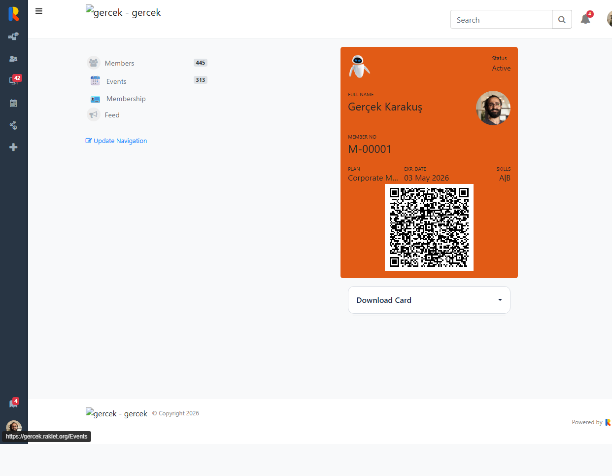Member portal digital card with configured fields and QR code